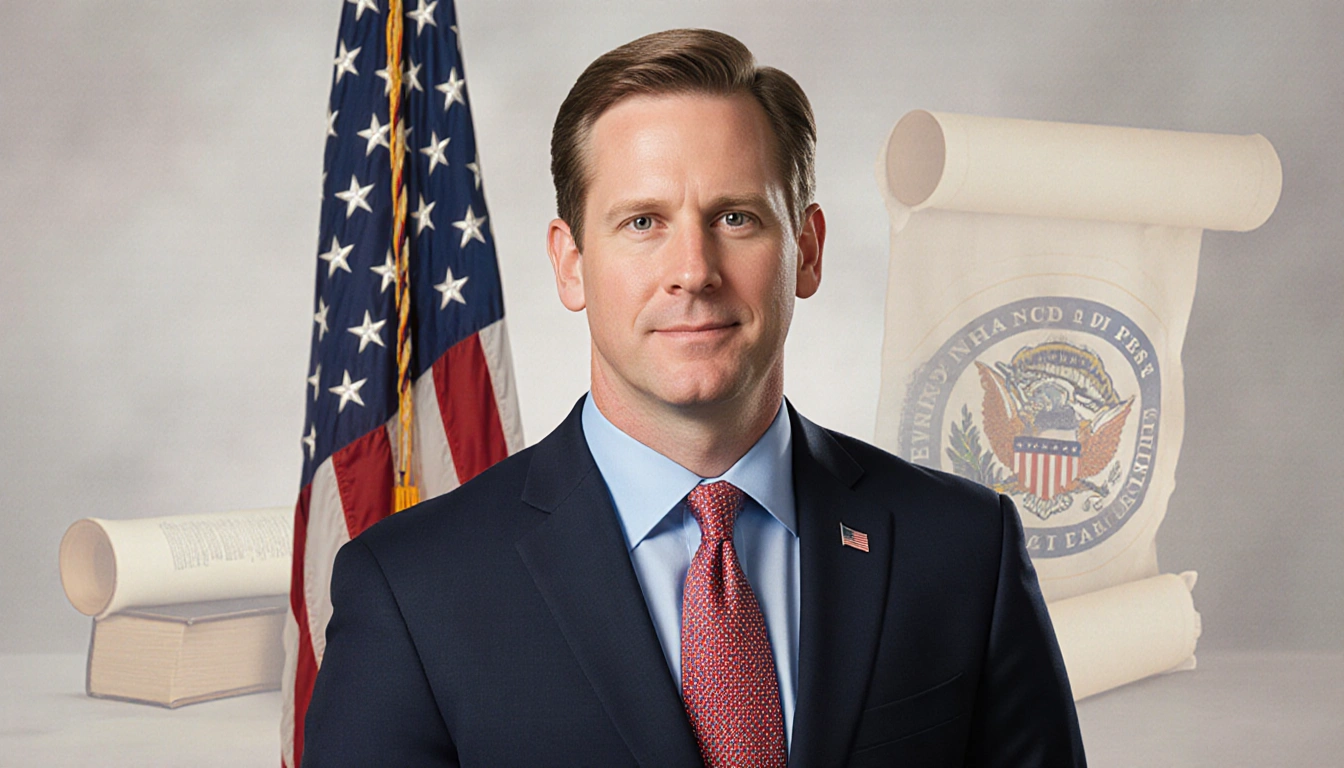 Ben Sasse poses as U.S. Senator with Nebraska flag behind him and books hinting at academia.