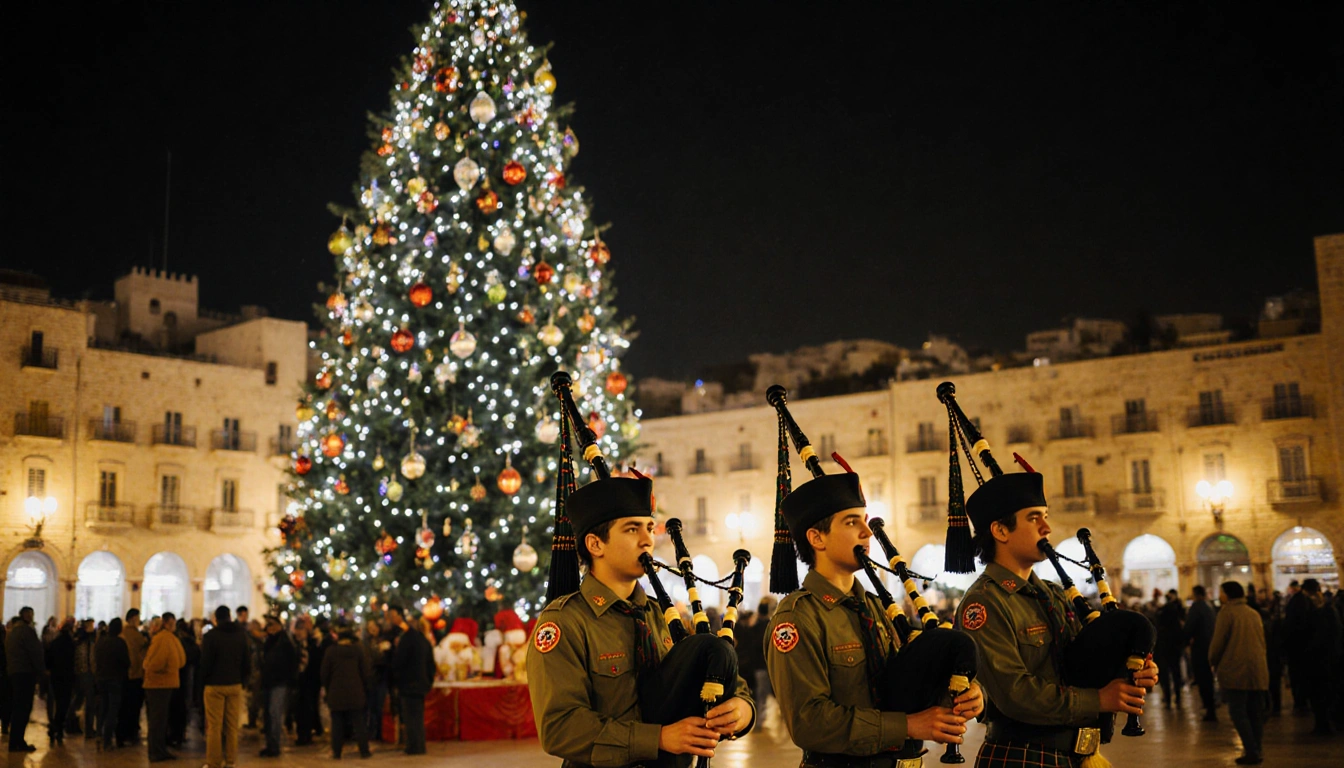 Scouts play bagpipes beside a giant lit Christmas tree in Bethlehem