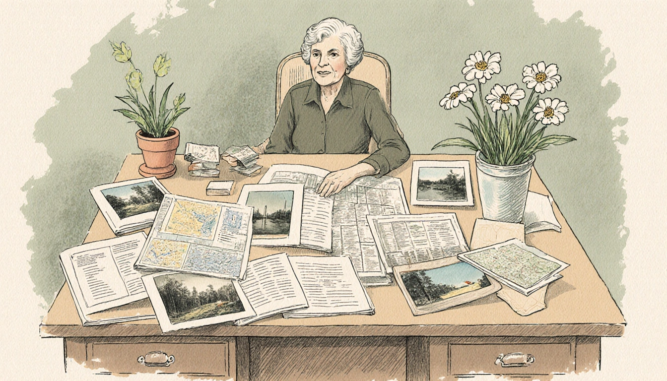 Betty Reid Soskin organizing grant documents at desk with vintage maps and a potted plant