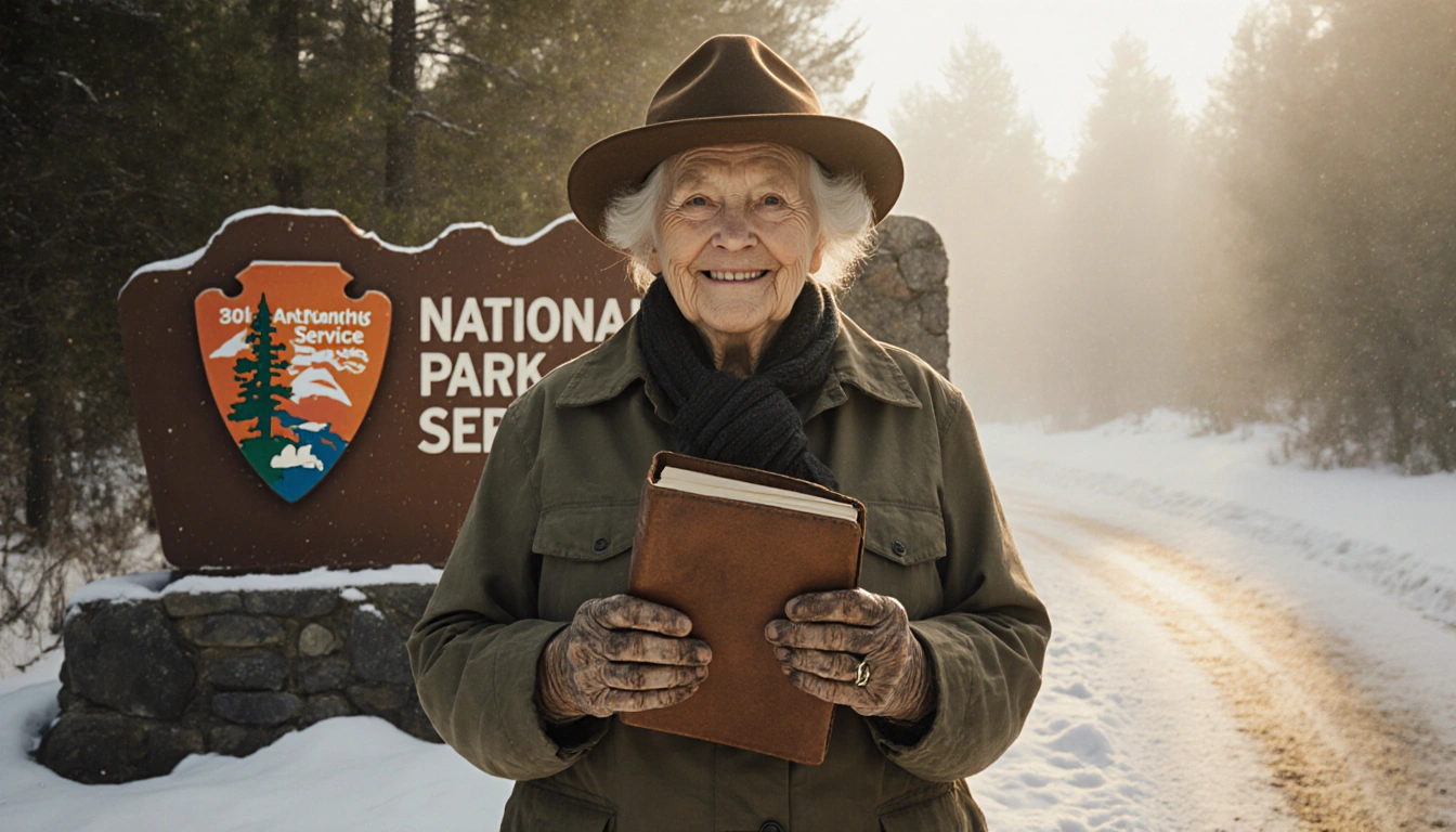Betty Reid Soskin smiles holding worn leather journal with National Park Service sign and misty winter forest behind