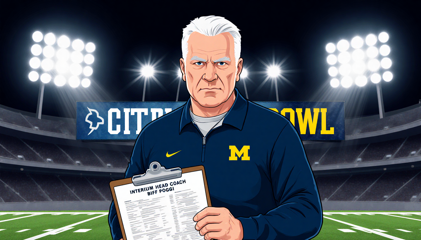 Biff Poggi standing confidently with Michigan Wolverines logo on chest and clipboard in hand beneath Citrus Bowl lights