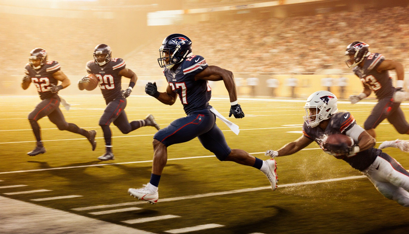 Bijan Robinson rushing toward end zone with arms outstretched while Matthew Stafford watches from sidelines of a football fie