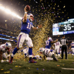 Bills quarterback throwing a touchdown pass with confetti exploding and scoreboard showing 35-31 while Patriots slump