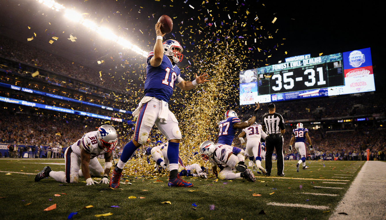 Bills quarterback throwing a touchdown pass with confetti exploding and scoreboard showing 35-31 while Patriots slump
