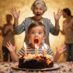 Three‑year‑old child smiles wide at a partially burned cake with grandma raising hands alarm amid chaotic birthday party