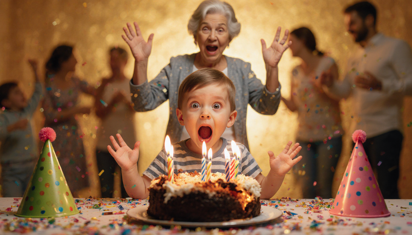 Three‑year‑old child smiles wide at a partially burned cake with grandma raising hands alarm amid chaotic birthday party