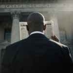 Bishop L.J. Guillory stands with a newspaper clipping over his face near a blurred city hall hinting at his resignation