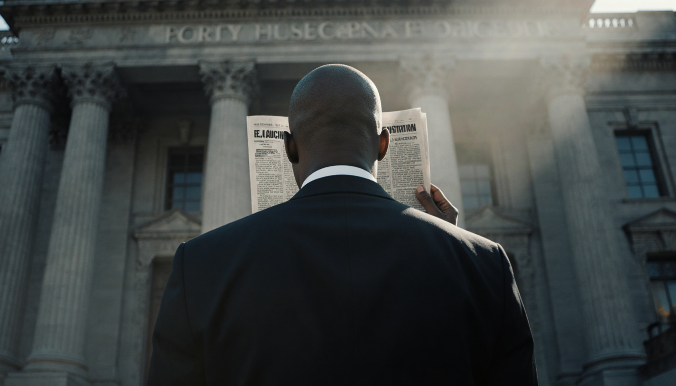 Bishop L.J. Guillory stands with a newspaper clipping over his face near a blurred city hall hinting at his resignation