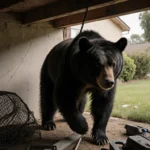 Biologist lifting a 500‑pound bear for rescue out of a cramped crawlspace with natural light and a suburban home background
