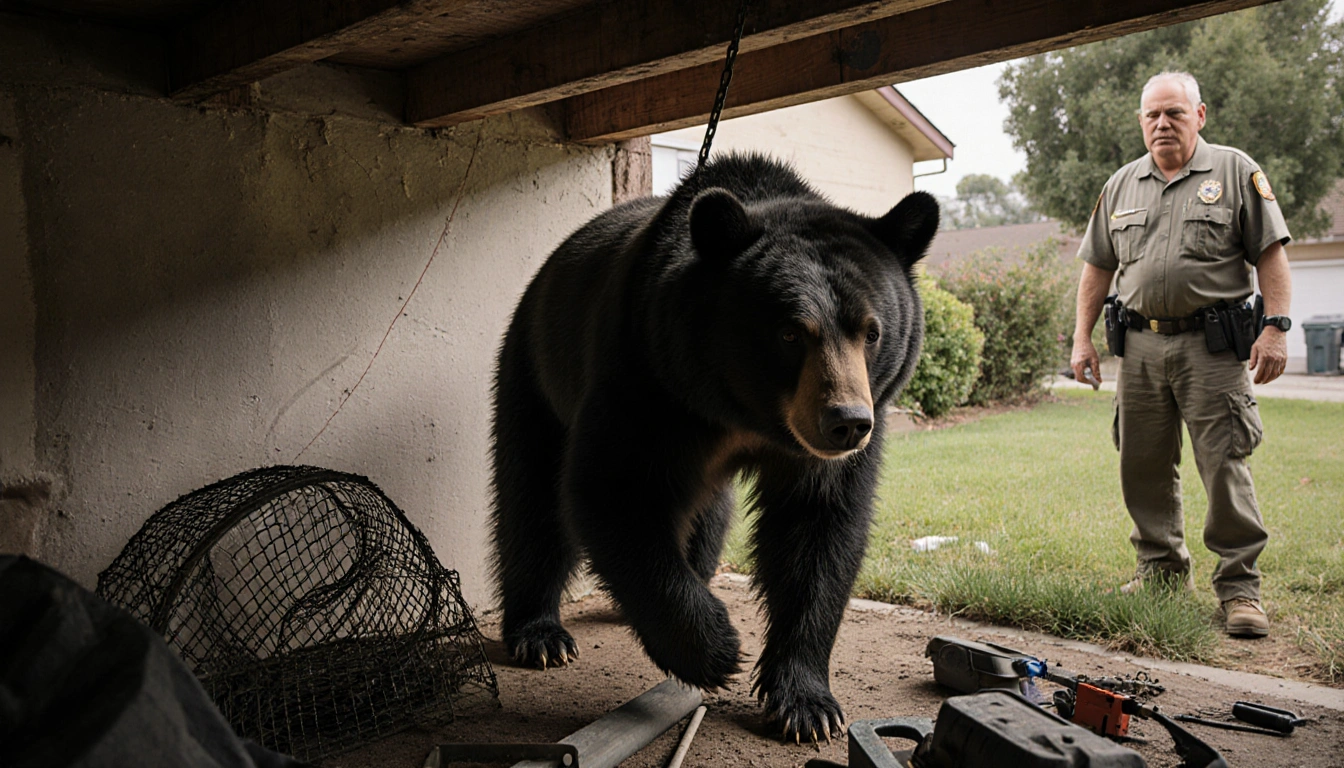 Biologist lifting a 500‑pound bear for rescue out of a cramped crawlspace with natural light and a suburban home background