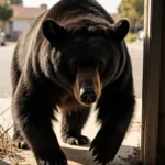 Black bear emerges from crawlspace rising on two legs with dusty fur and twigs warm light and suburban backdrop