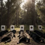 Black bears lie in rows on white targets with Florida forest backdrop showing deciduous trees