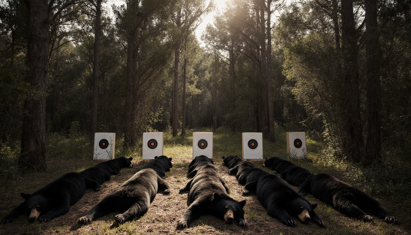 Black bears lie in rows on white targets with Florida forest backdrop showing deciduous trees