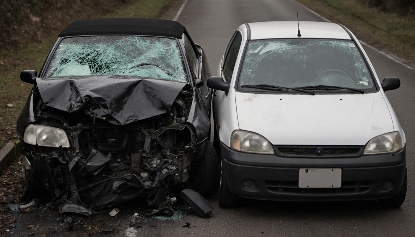 Damaged black convertible and small white car collide with crumpled hoods and shattered windshields in muted tones