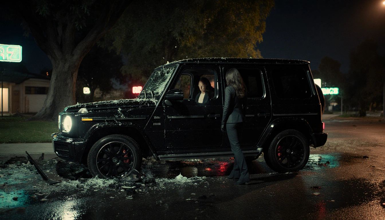 Black G-Wagon rammed into getaway car with shattered glass and neon lights reflecting on wet pavement.
