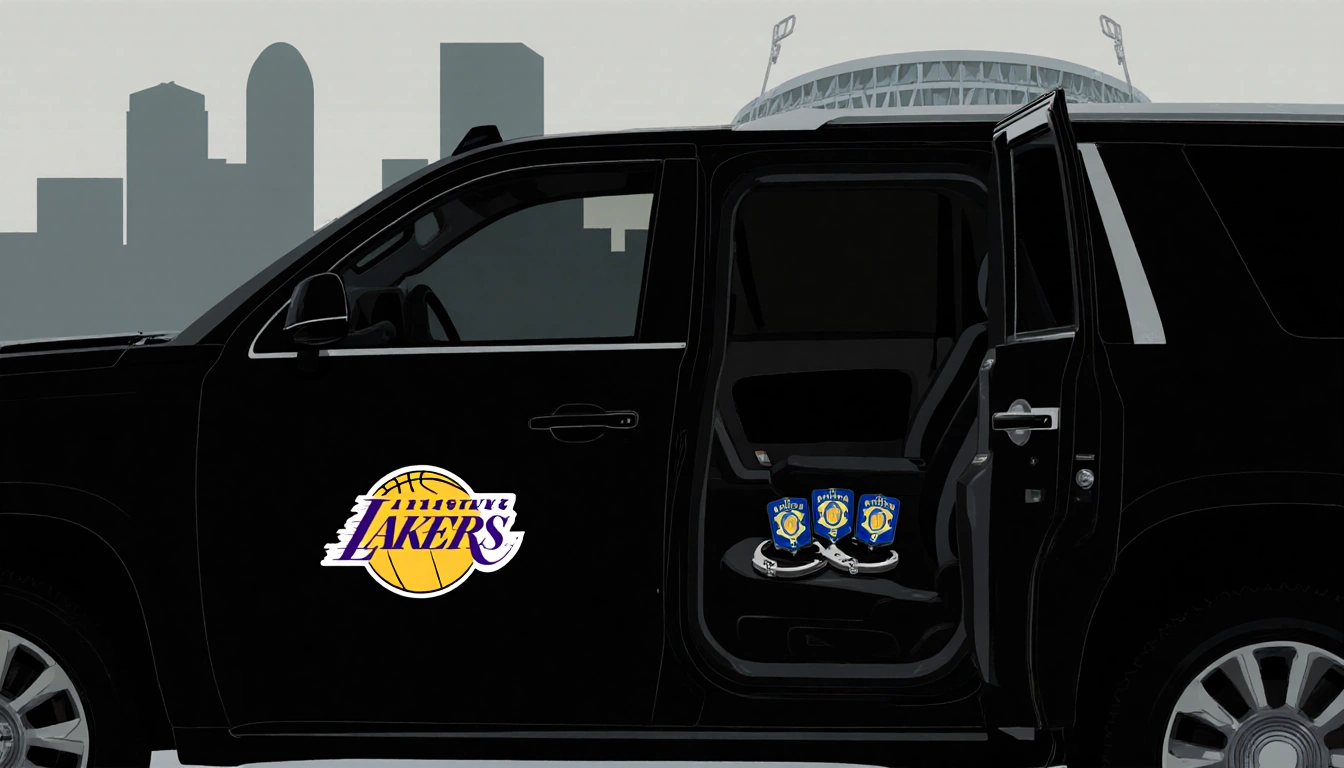 Black SUV parked with faded Lakers logo and handcuffs on seat hinting at arrest near Milwaukee skyline