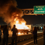 Blazing truck on the 405 Freeway roars with flames licking metal while commuters stare in shock near Sherman Oaks skyline.