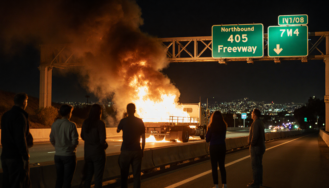 Blazing truck on the 405 Freeway roars with flames licking metal while commuters stare in shock near Sherman Oaks skyline.