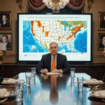 Bob Iger looks at a boardroom screen showing Warner Bros Discovery assets with orange tie across table and ornate map behind.