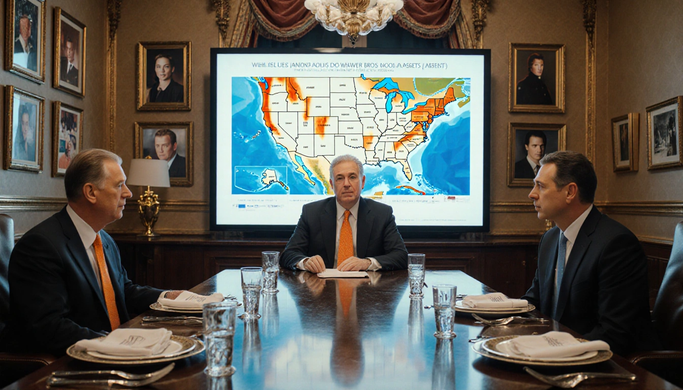 Bob Iger looks at a boardroom screen showing Warner Bros Discovery assets with orange tie across table and ornate map behind.