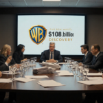 Executives debating heatedly with Warner Bros Discovery logo behind and $108 billion price tag on screen