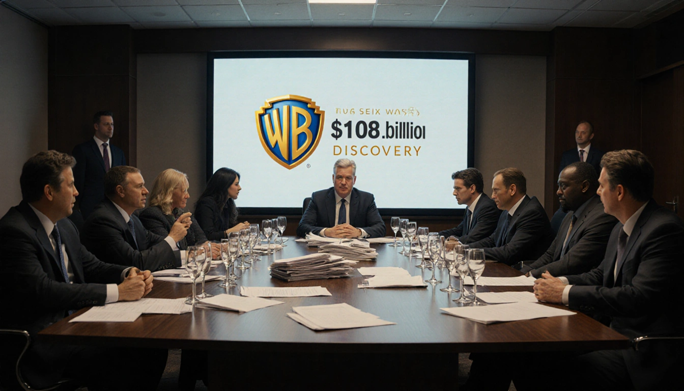Executives debating heatedly with Warner Bros Discovery logo behind and $108 billion price tag on screen