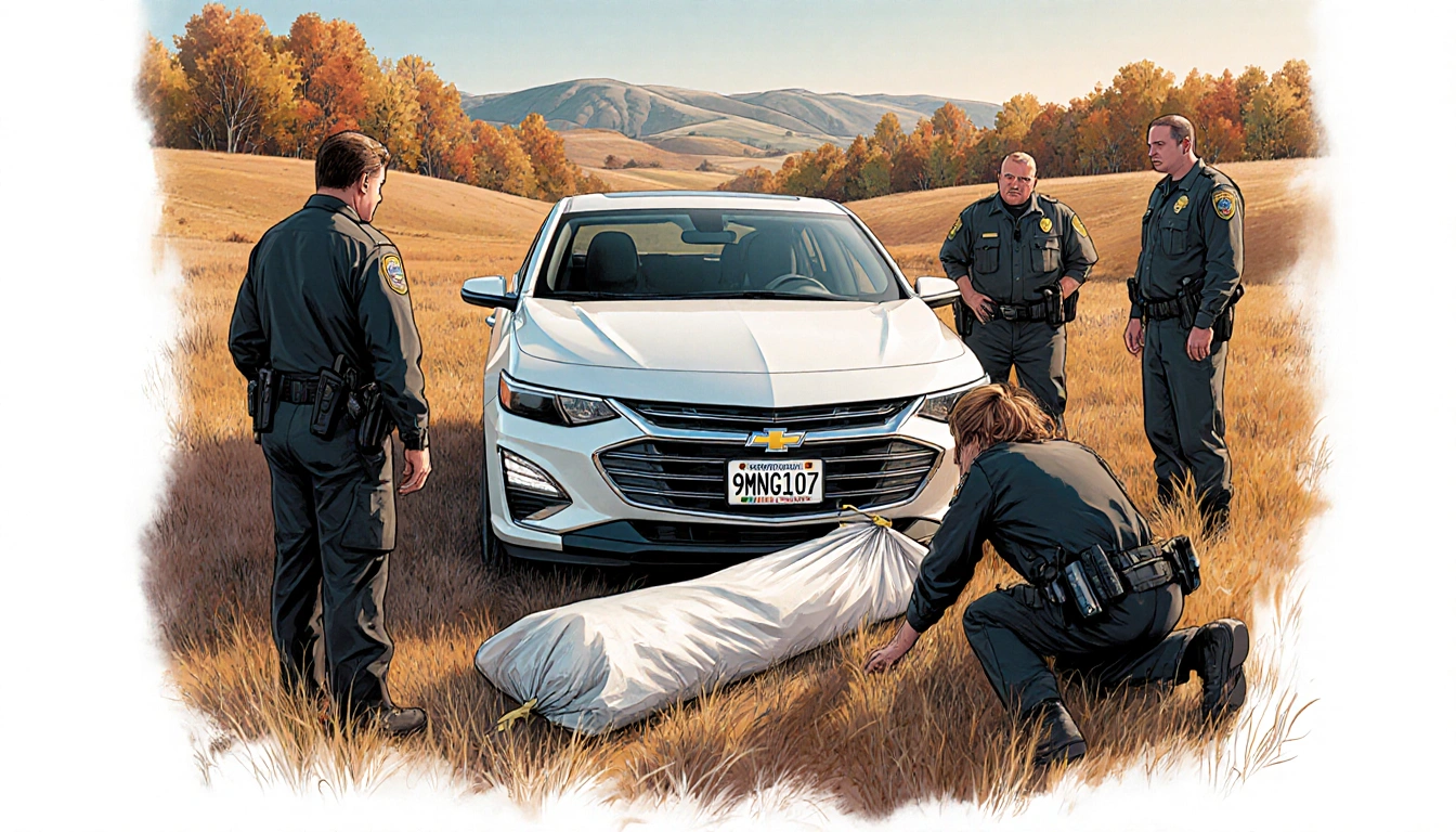 Law enforcement gathering around a body bag with a white 2024 Chevy Malibu and rolling hills with autumn trees