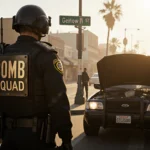 Bomb squad vehicle standing near towed vehicle with hood up showing suspicious item and police uniforms surrounding the scene