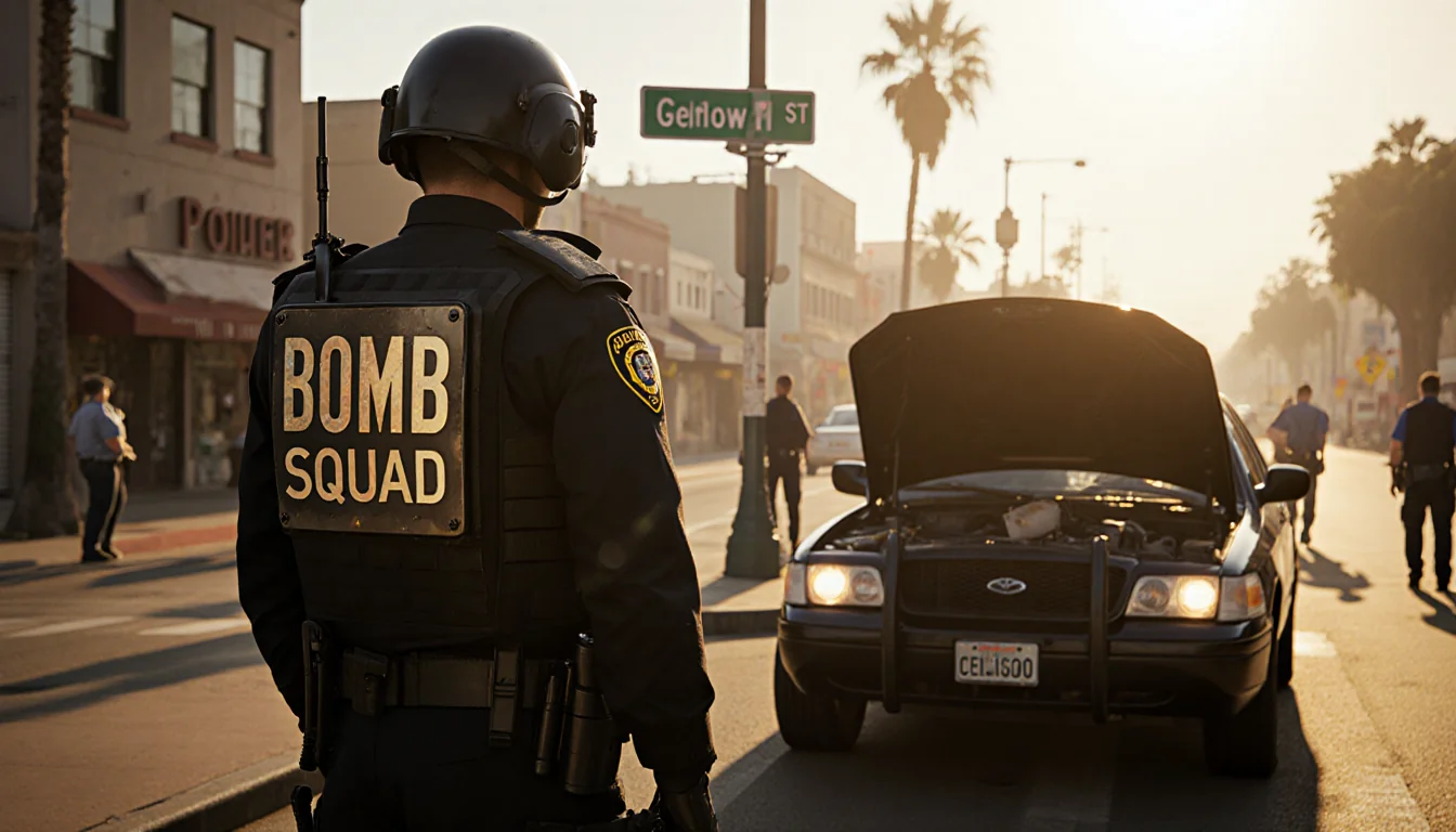 Bomb squad vehicle standing near towed vehicle with hood up showing suspicious item and police uniforms surrounding the scene