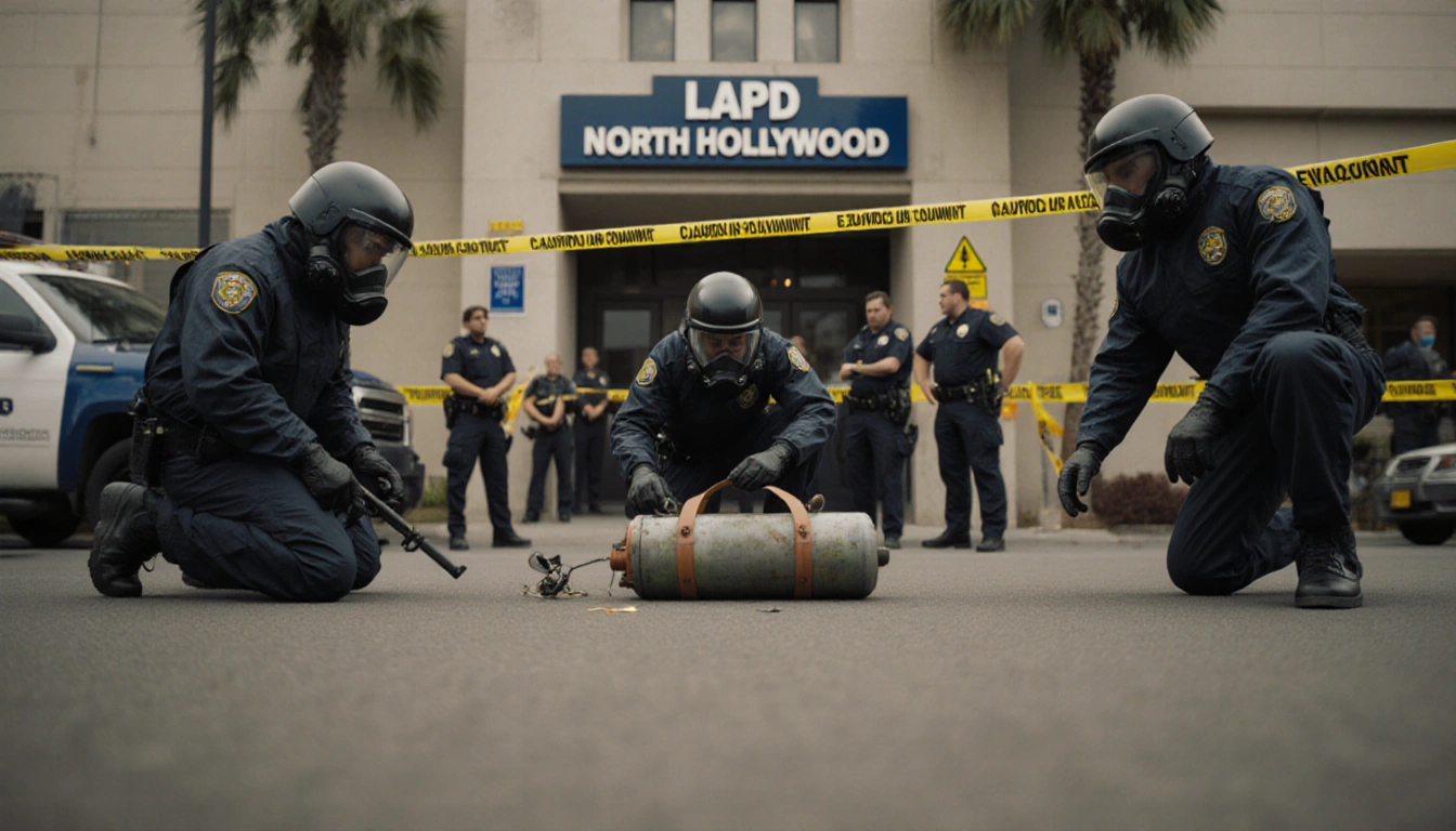 Bomb technicians in hazmat suits examining an explosive device on ground with police officers scene