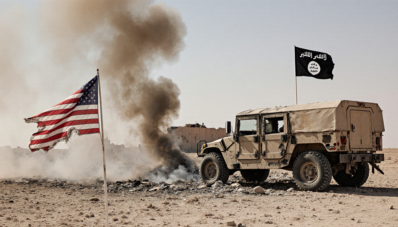 Bombed‑out military vehicle emits smoke with torn U.S. flag flapping in wind and debris scattered around.