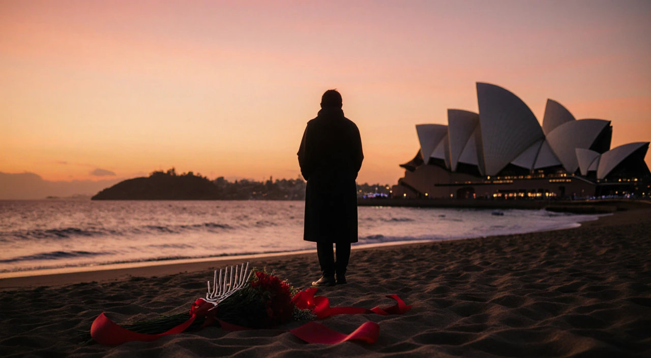 Figure standing with a red ribbon on sand at Bondi Beach during Hanukkah dusk with the Opera House in background