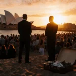 Two men stand apart from crowd with open suitcase spilling contents onto sand near Bondi Beach and Sydney Opera House at dusk
