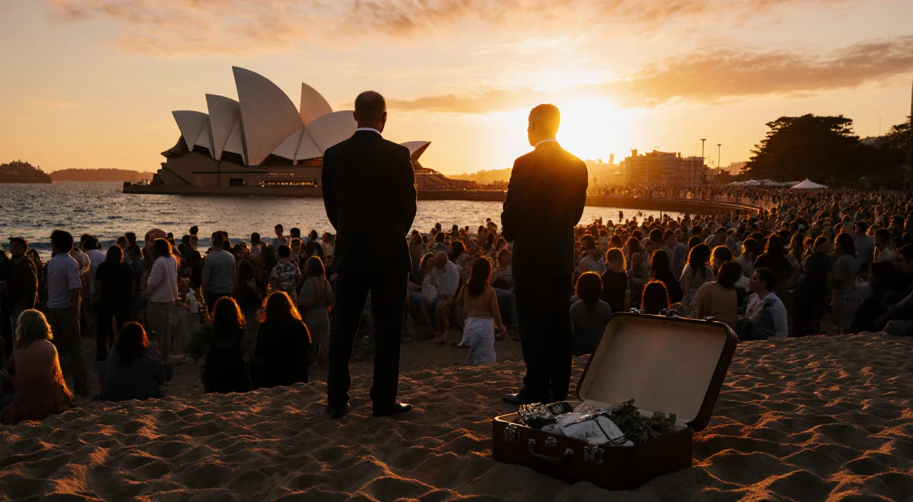 Two men stand apart from crowd with open suitcase spilling contents onto sand near Bondi Beach and Sydney Opera House at dusk