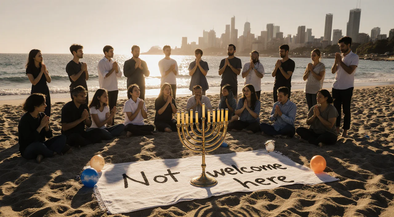 Group of people clasping hands around a menorah with Hanukkah lights on Bondi Beach and a message scrawled on a towel.