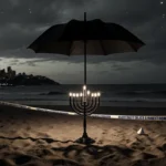 A lone menorah stands with its extinguished candles surrounded by police tape near a black umbrella shadow on Bondi Beach.