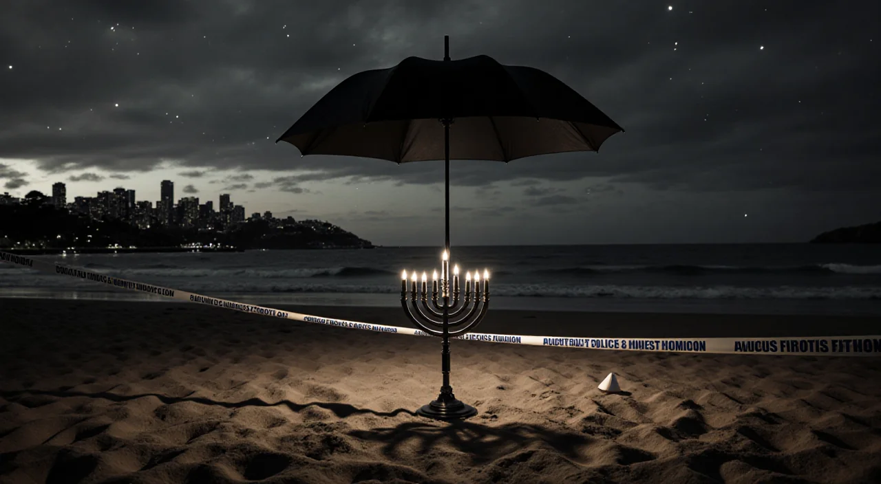 A lone menorah stands with its extinguished candles surrounded by police tape near a black umbrella shadow on Bondi Beach.
