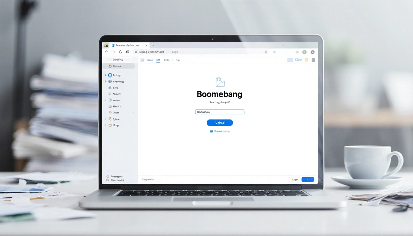 Laptop displaying Boomerang app with upload button and progress bar near blurred desk and coffee