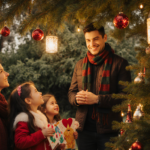 Family of four smiles together with lanterns glowing beneath a festive fir tree and mistletoe‑laden branches