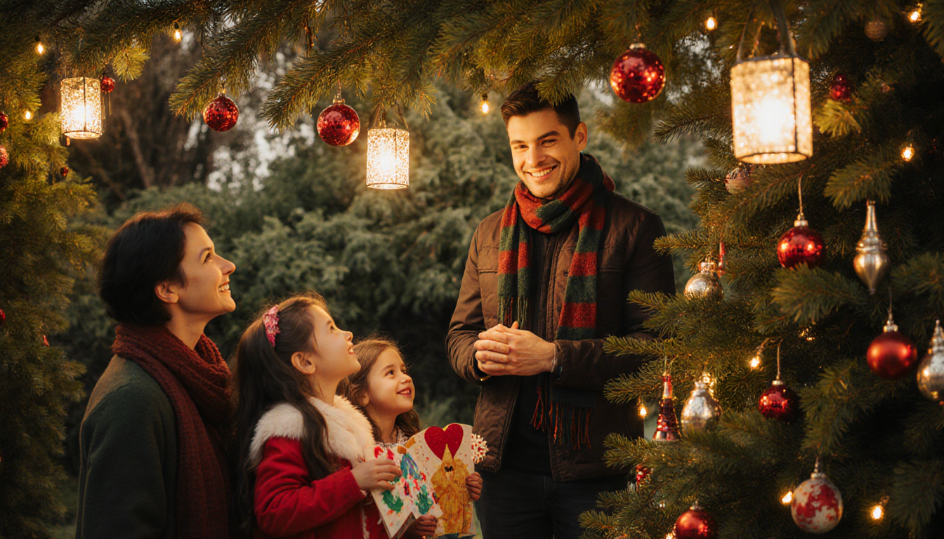 Family of four smiles together with lanterns glowing beneath a festive fir tree and mistletoe‑laden branches