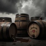 A bourbon barrel spilling amber liquid onto ground with stormy gray Kentucky skies overhead and condensation on wood