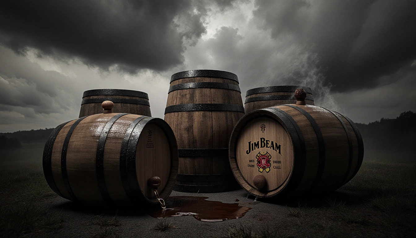 A bourbon barrel spilling amber liquid onto ground with stormy gray Kentucky skies overhead and condensation on wood