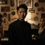 Bowen Yang standing before a piano with tears and Ariana Grande and Cher beside him in a dim SNL backstage farewell scene