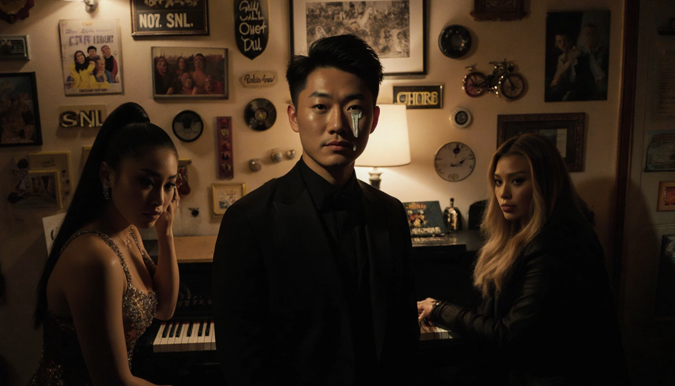 Bowen Yang standing before a piano with tears and Ariana Grande and Cher beside him in a dim SNL backstage farewell scene