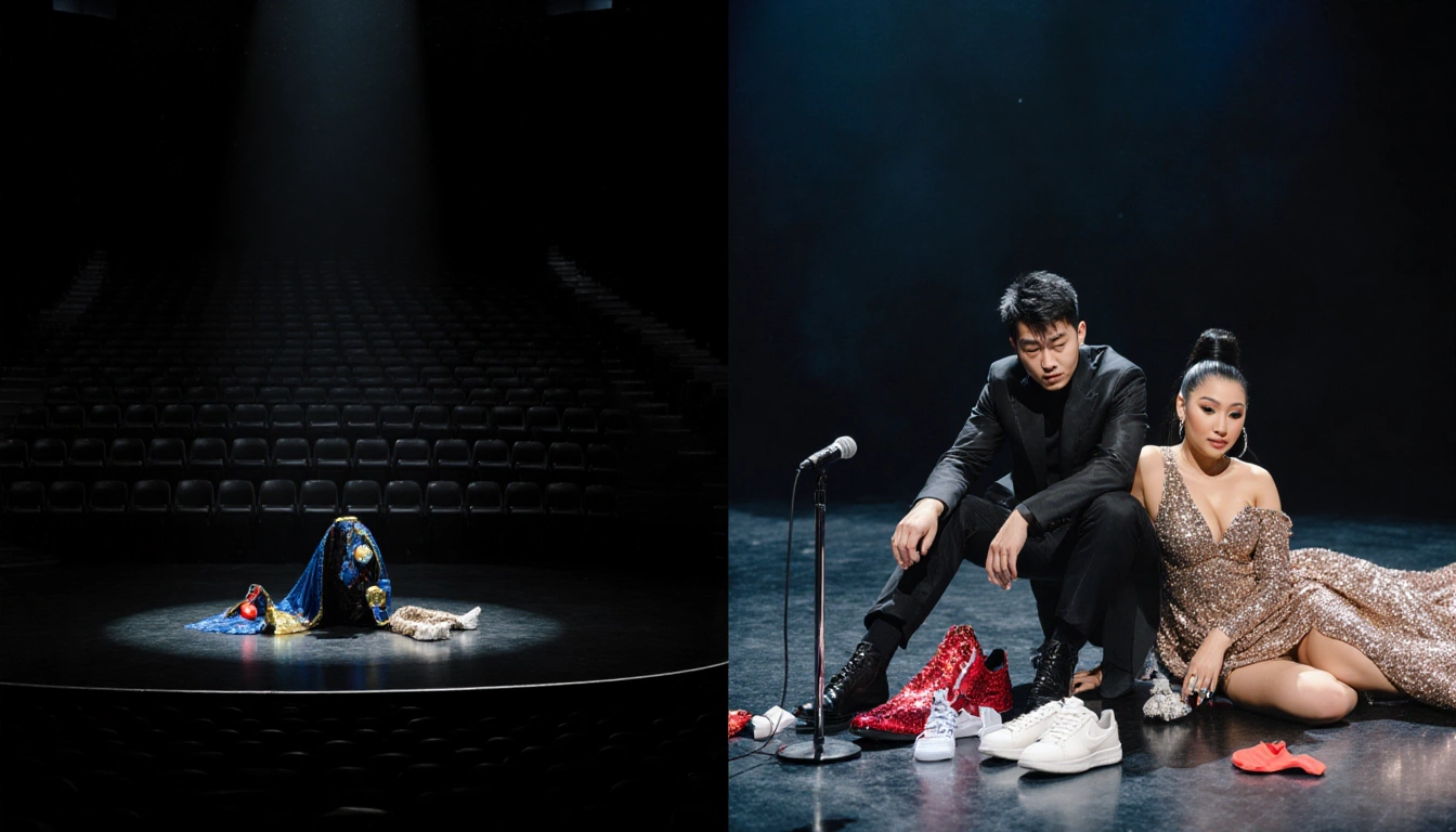 Bowen Yang sitting alone on dim SNL stage with spotlight and scattered costume props for farewell