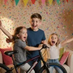 Boy smiles holding bicycle with sister on couch delighted and confetti balloons around