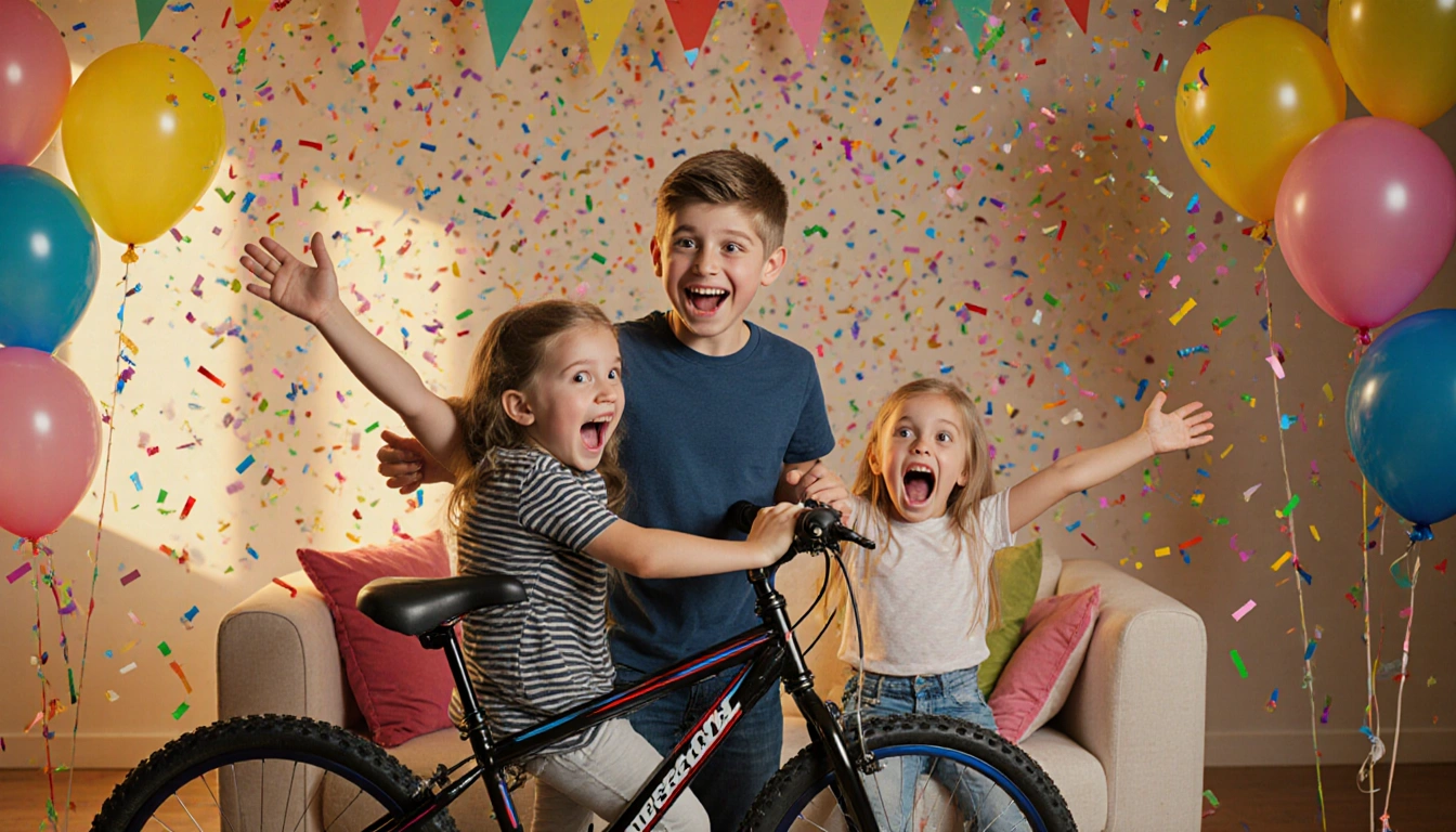 Boy smiles holding bicycle with sister on couch delighted and confetti balloons around