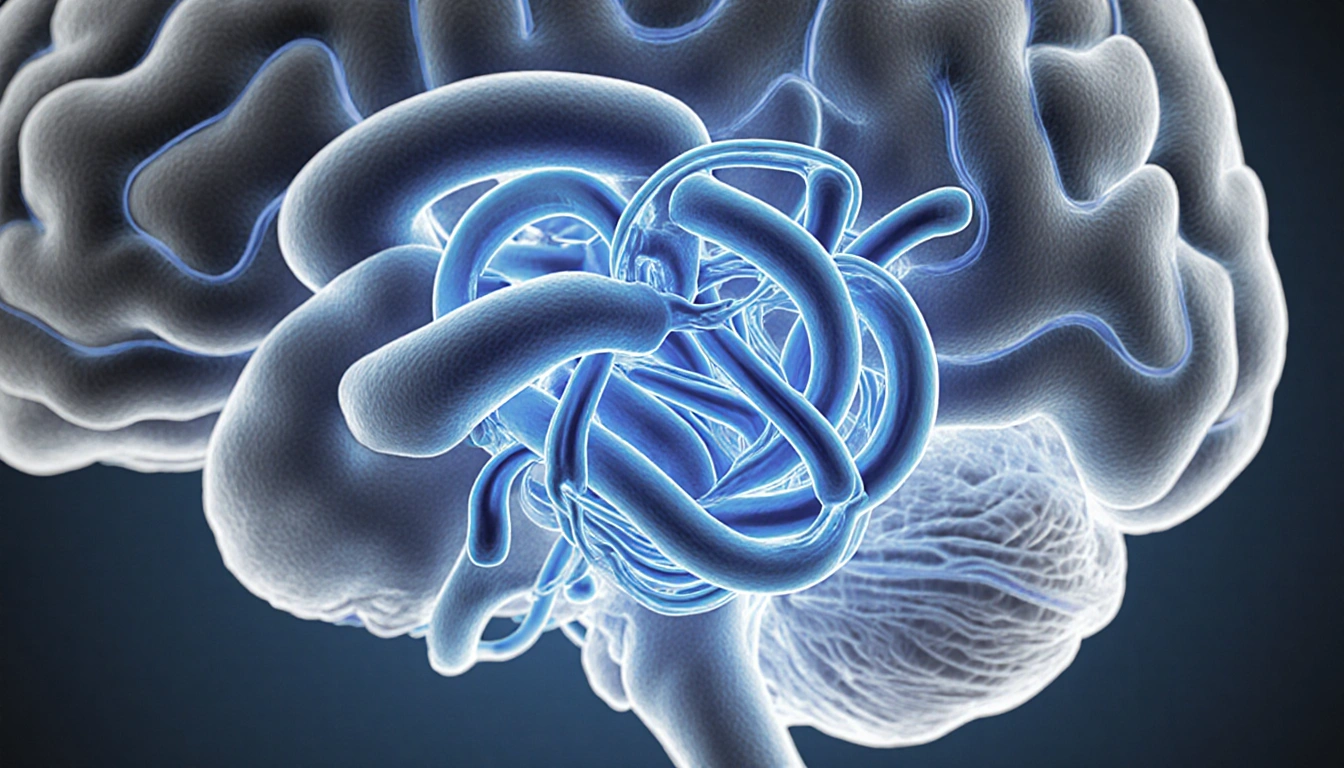 Tangled blood vessels forming a tangle of an arteriovenous malformation with gray colors and faint brain tissue outline