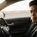 Brandon Aiyuk steering a black Cadillac CT5-V with 104 mph speedometer glowing and a playful apology in his eyes