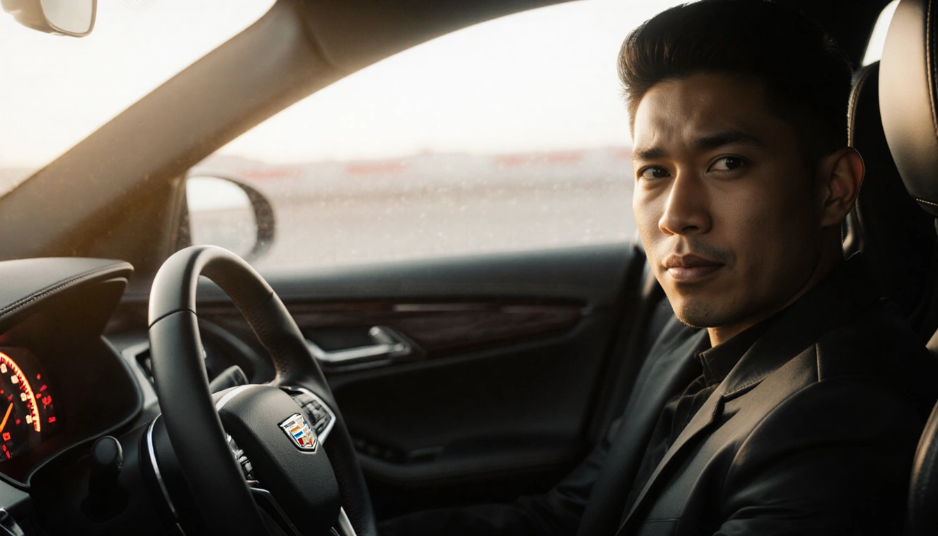 Brandon Aiyuk steering a black Cadillac CT5-V with 104 mph speedometer glowing and a playful apology in his eyes